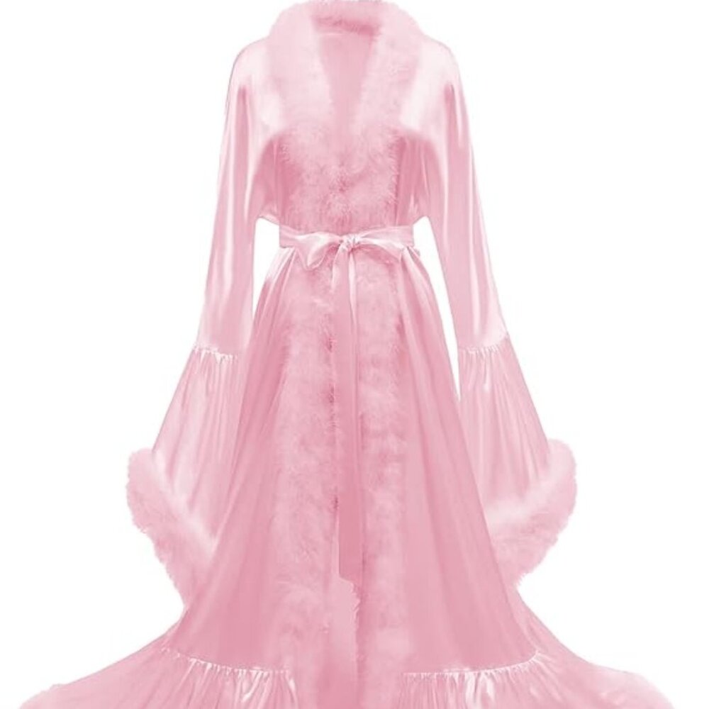 Extravagant pink satin, feather trimmed, marabou robe